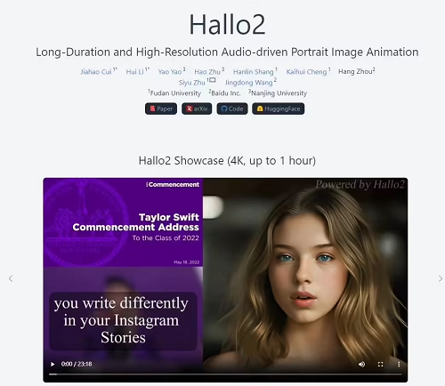 復旦聯手百度打造AI開源模型Hallo2,根據音頻生成4K分辨率1小時長視頻